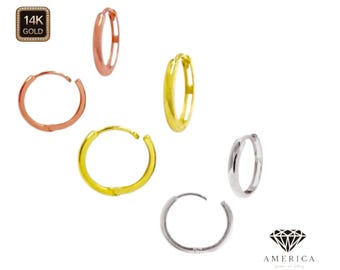 Hinged 14K Real Gold Hoop sold in 1 pair of Tube Earrings Huggies variation sizes available.