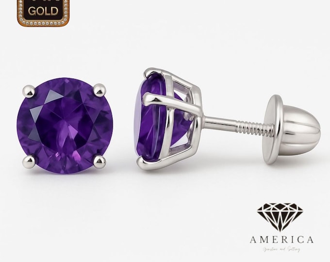 14K Gold Amethyst Earrings Thin Basket earrings Baby Screw backing Sold 1 pair earrings stud.