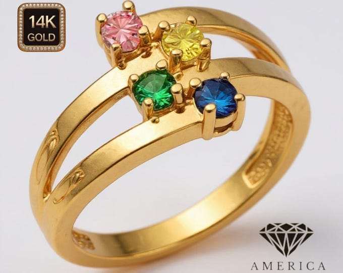 14K Gold 4 Natural Gemstones 2.00MM Band with 3.00MM Gemstone.