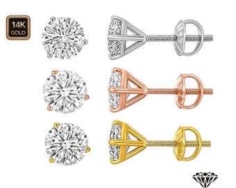 Moissanite Diamond 14K Solid Gold Earrings Martini style Heavier Basket earrings stud Real 14K Gold sold 1 Pair Screw backing.