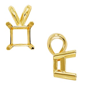 May include: Two gold-tone pendant settings for a square-shaped gemstone. The settings have a simple, elegant design.
