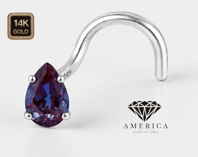 Lab Alexandrite 3x5mm Pear Shape 14K Gold Nose Stud  18 GA 20 GA 22 GA  Piercing , Real Gold 14K , sold 1 piece