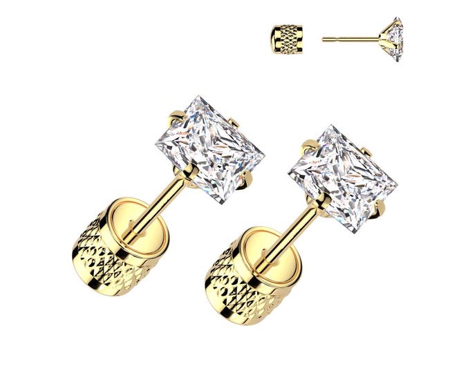 Pair of Square Prong Set Clear CZ Top 316L Surgical Steel Earrings With Cylinder Clip Backing