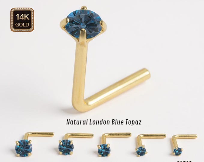 Natural London Blue Topaz 14K Gold Nose Stud 20 GA Piercing , Real Gold 14K ,  20 GAUGE sold 1 piece Natural London Topaz .