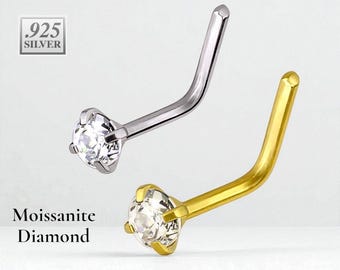 Moissanite Diamond 925 Sterling Silver L shaped Nose Stud 20 GA, 2mm 2.50mm 3.00mm