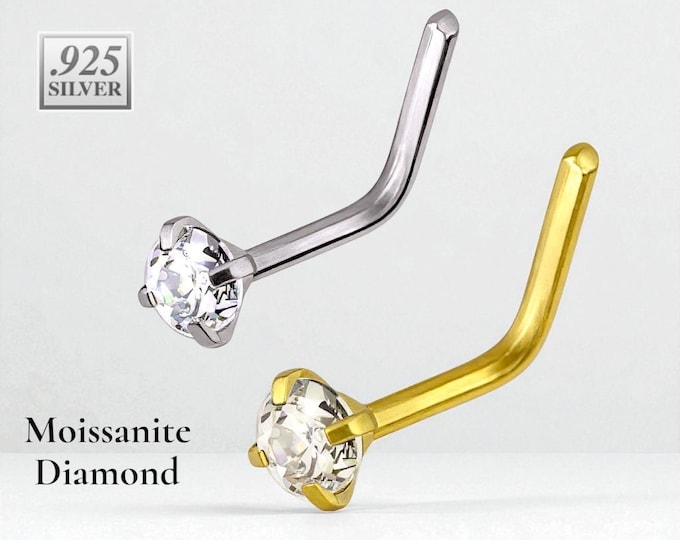 Moissanite Diamond 925 Sterling Silver L shaped Nose Stud 20 GA, 2mm 2.50mm 3.00mm