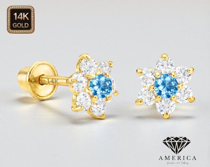 14K Solid Real Flower Shape Cluster 7x7mm Baby Screw Back Earrings  Sold in 1 pair.