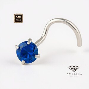 Blue Sapphire 14K Solid Gold Nose Stud 20 GA Piercing , Real Gold 14K , 20 GAUGE 6mm post length, Blue Sapphire.