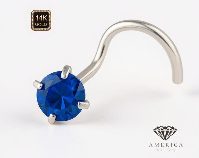 Blue Sapphire 14K Solid Gold Nose Stud 20 GA Piercing , Real Gold 14K , 20 GAUGE 6mm post length, Blue Sapphire.