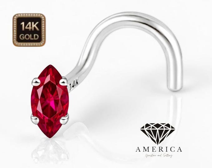 Natural Ruby Marquise 2.5x5 mm 14K Solid Gold Nose Stud 20 GA Piercing , Real Gold 14K ,  20 GAUGE sold 1 piece Ruby
