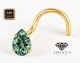 Cyan Moissanite Pear Shape 3x5 MM  14K Yellow Gold Nose Stud 20 GA Piercing , Real Gold 14K ,  20 GAUGE sold 1 piece Cyan Moissanite