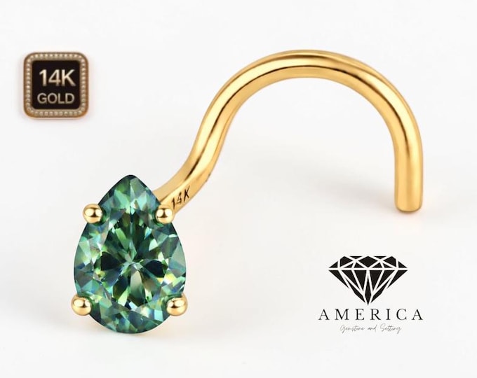 Cyan Moissanite Pear Shape 3x5 MM  14K Yellow Gold Nose Stud 20 GA Piercing , Real Gold 14K ,  20 GAUGE sold 1 piece Cyan Moissanite