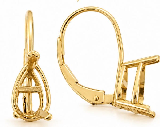 14K Gold Lever Back Earring 1 set of Earrings 3 Prongs Tear Drop Shape gemstone mountings Real Gold not plated