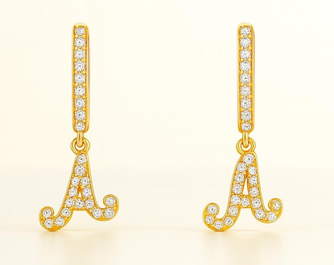14K Gold Dangle Earring Huggies Sold in 1 pair Small dainty letter initial with CZ  earrings Hoops.