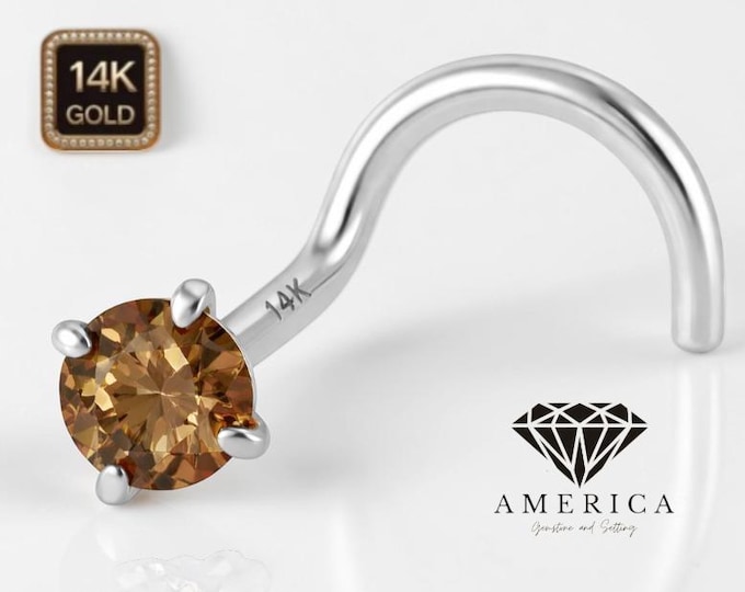 Natural Smoky Topaz 14K Solid Gold Nose Stud 20 GA Piercing , Real Gold 14K , 20 GAUGE 6mm post length, Natural Smoky Topaz