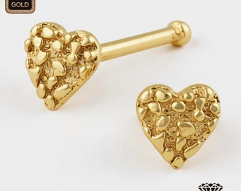 14K Gold Nose Piercing , Real Gold 14K , Bone End Nose Ring nugget 22 GAUGE , Real Gold , Nostril Piercing sold 1 piece.