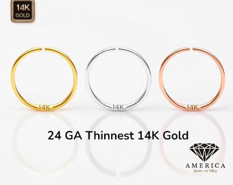 24 GA Thinnest 14K Gold Endless Nose Hoop Piercing for Nostril Nose Hoop.