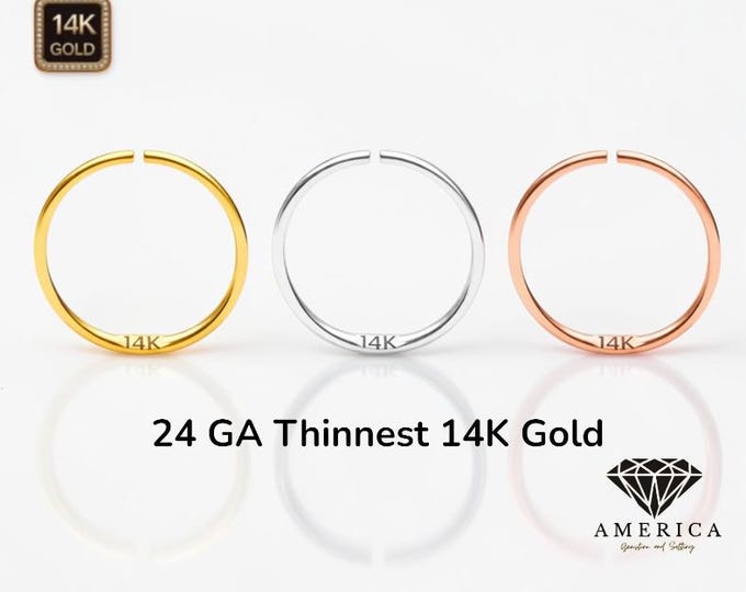 24 GA Thinnest 14K Gold Endless Nose Hoop Piercing for Nostril Nose Hoop.