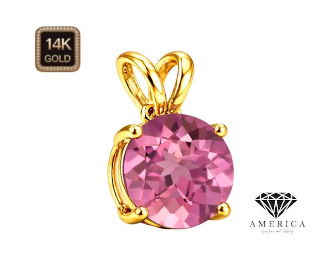 Natural Pink Tourmaline Pendant Solitaire 14K Gold Pendant Only Real Gold with Natural Pink Tourmaline Gemstone