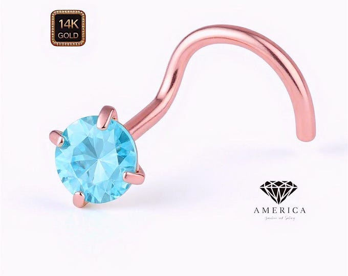 Natural Blue Topaz 14K Solid Gold Nose Stud 20 GA Piercing , Real Gold 14K , 20 GAUGE 6mm post length.
