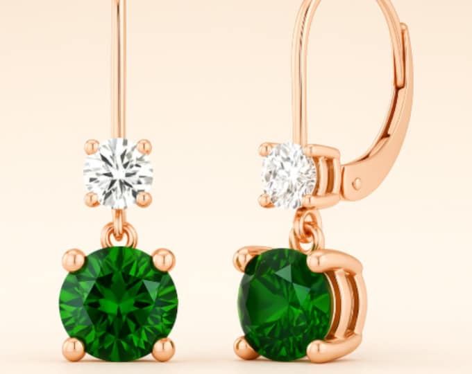 Lab Emerald 6mm with 4mm LAB GROWN DIAMOND VS1 14K Solid Gold Lever Backing Earrings In Round Cut sold in 1 pair.