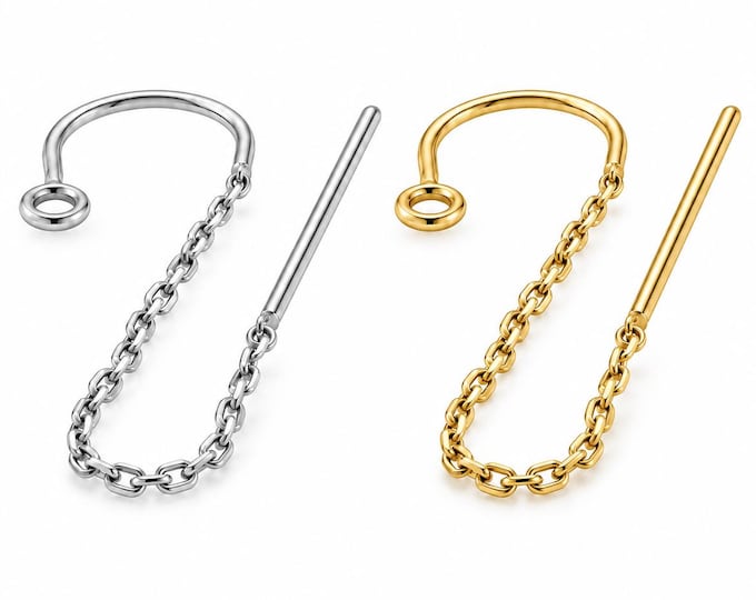 14K SOLID GOLD U-Threader Cable Chain  Ear wire Earring Threader Earrings, Pull Through Chain Drops, Long Dangle Earring sold 1 piece