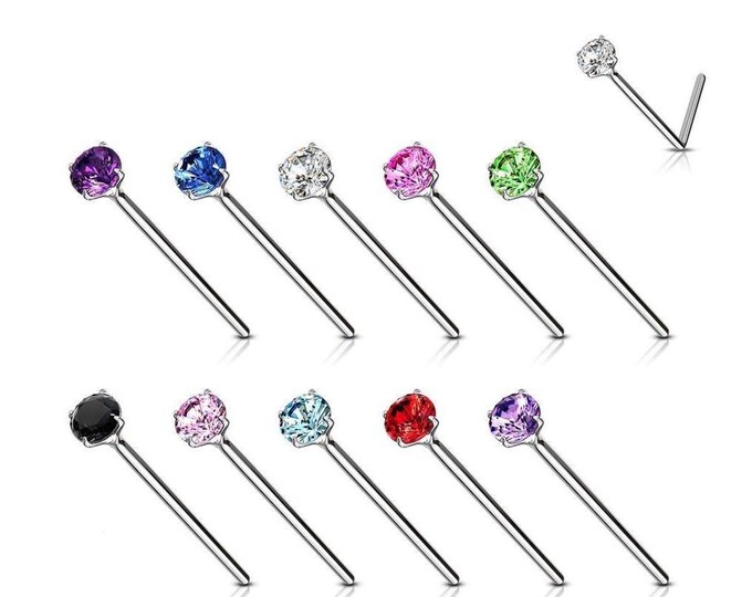 2.50MM Nose Stud 20 GA Sterling Silver .925 L Shape select the gemstones.