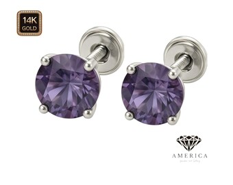 14K Gold Lab Alexandrite Earrings Thin Basket earrings Baby Screw backing Sold 1 pair , Lab Alexandrite earrings stud.