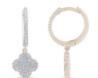 0.16ct G SI 14K White Gold Diamond Clover Dangling Hoop Earrings