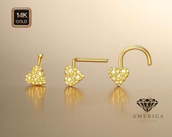 14K Gold Nose Piercing 22 GAUGE  , Real Gold 14K , L Shape Nose Ring nugget 3mm Heart Shape , Real Gold , Nostril Piercing sold 1 piece.