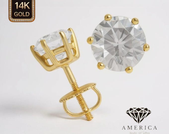 14K Solid Gold Created Diamond Earrings 6 Prongs Heavier Basket earrings stud Real 14K Gold sold 1 Pair Push backing Round Shape gemstone.
