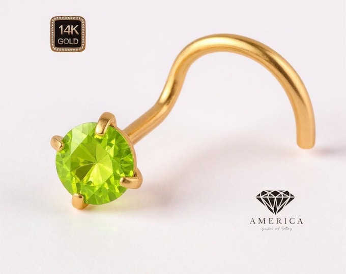 Natural Peridot  14K Solid Gold Nose Stud 20 GA Piercing , Real Gold 14K , 20 GAUGE 6mm post length, Natural Peridot.