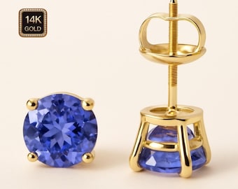 Natural Tanzanite  14K Solid Gold Earrings Heavier Basket square 20 GA earrings stud Real 14K Gold sold 1 Pair Push backing.