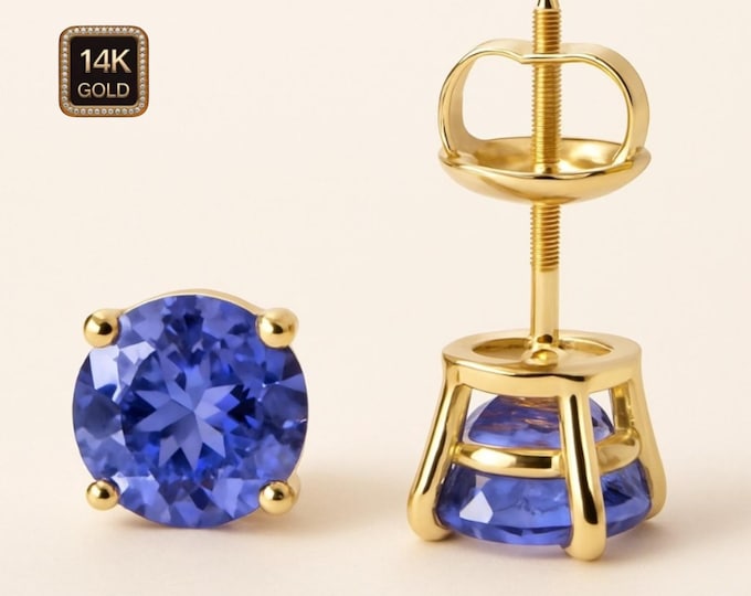 Natural Tanzanite  14K Solid Gold Earrings Heavier Basket square 20 GA earrings stud Real 14K Gold sold 1 Pair Push backing.