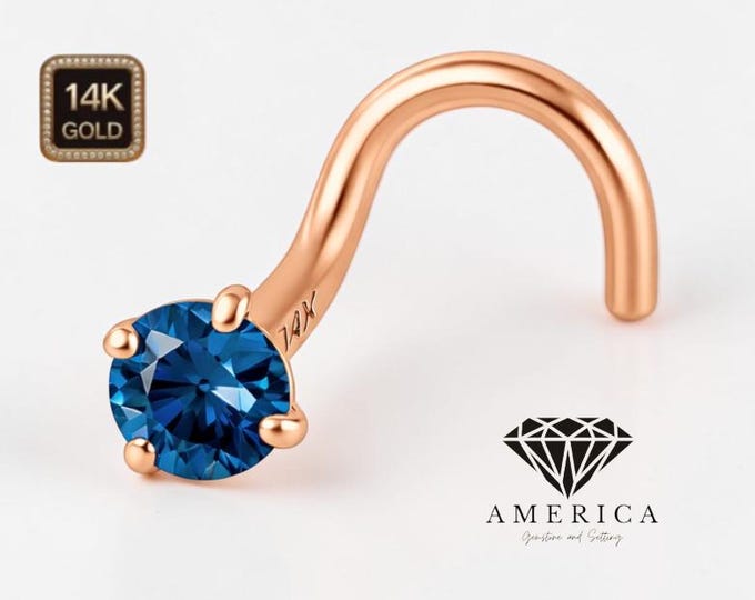 Natural London Blue Topaz  14K Solid Gold Nose Stud 20 GA Piercing , Real Gold 14K , 20 GAUGE 6mm post length, Natural London Blue Topaz