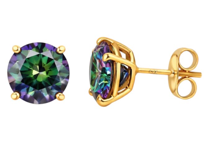 Rainbow Moissanite Diamond 14K Solid Gold Earrings Thin 22 Gauge earrings stud Real 14K Gold sold 1 Pair Push backing.