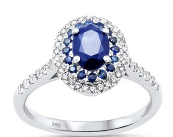 1.31ct G SI 14K White Gold Diamond & Blue Sapphire Gemstone Halo or Natural Emerald 1.