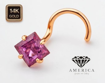 Natural Pink Tourmaline Princess Cut  14K Yellow Gold Nose Stud 20 GA Piercing , Real Gold 14K ,  20 GAUGE sold 1 piece Natural Ruby