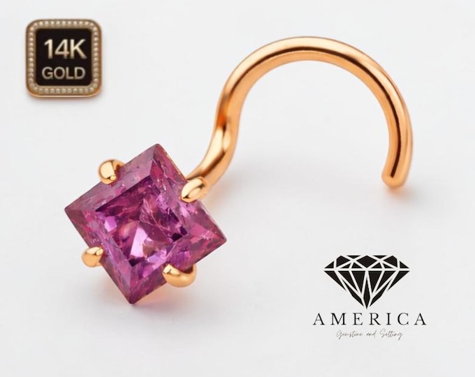 Natural Pink Tourmaline Princess Cut  14K Yellow Gold Nose Stud 20 GA Piercing , Real Gold 14K ,  20 GAUGE sold 1 piece Natural Ruby