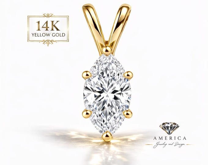 Natural Gemstone 14K Real Gold Natural Gemstone Marquise Shape with 4 Prong Basket Pendant only.