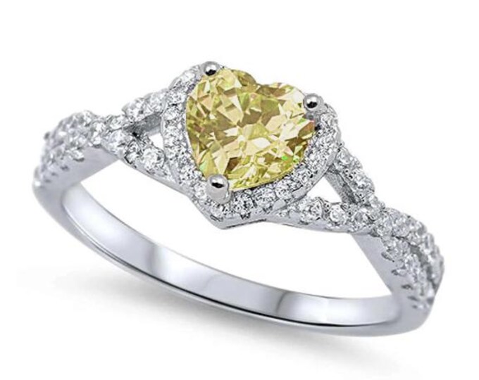 Sterling Silver Ring 925 With CZ Yellow topaz Heart Engagement Ring Sold 1 Piece Ring  Size 4 to 10
