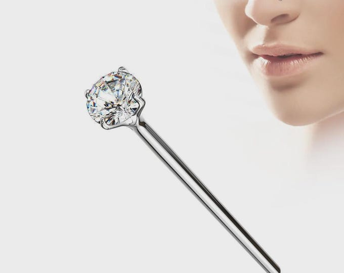 Moissanite Diamond 925 Sterling Silver Fish Tail  End shaped Straight end you can bend yourself Nose Stud 24 GA. Sold 1 piece.