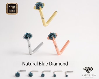 Natural Blue Diamond 14K Gold Nose Stud 20 GA Piercing , Real Gold 14K ,  20 GAUGE sold 1 piece Natural Blue  Diamond .