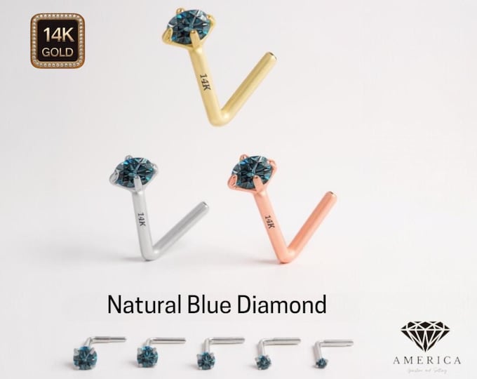 Natural Blue Diamond 14K Gold Nose Stud 20 GA Piercing , Real Gold 14K ,  20 GAUGE sold 1 piece Natural Blue  Diamond .