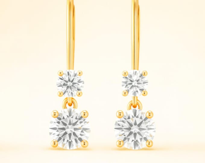 Moissanite 14K Solid Gold Lever Backing Earrings In Round Cut sold in 1 pair.