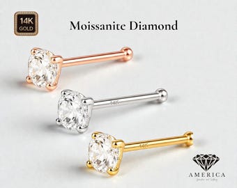 Moissanite Diamond Solid Gold 14K  Bone End shaped Nose Stud 20 GA, 1.50mm 2mm 2.50mm 3.00mm 3.50mm 4.00mm 5.00mm