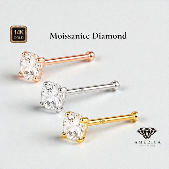 Moissanite Diamond Solid Gold 14K  Bone End shaped Nose Stud 20 GA, 1.50mm 2mm 2.50mm 3.00mm 3.50mm 4.00mm 5.00mm