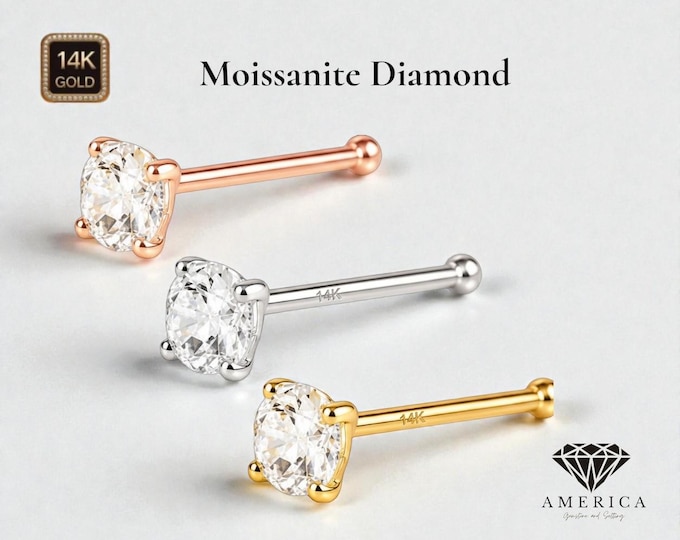 Moissanite Diamond Solid Gold 14K  Bone End shaped Nose Stud 20 GA, 1.50mm 2mm 2.50mm 3.00mm 3.50mm 4.00mm 5.00mm