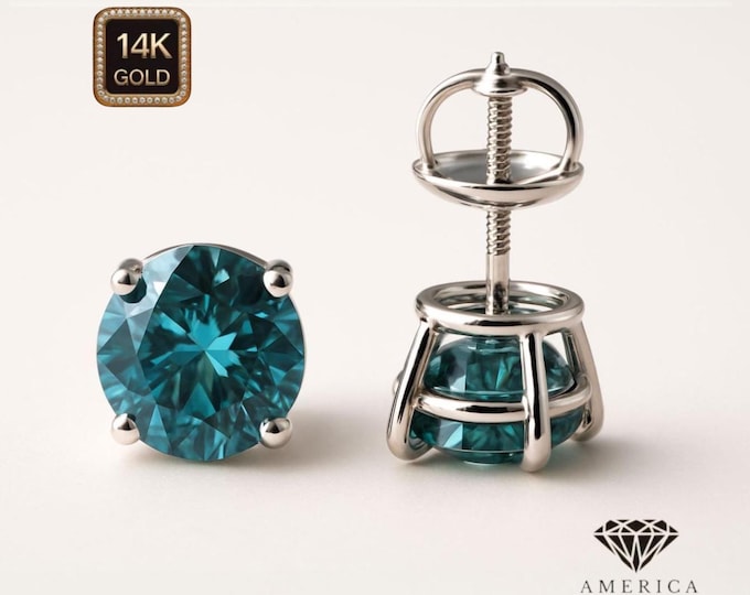 Moissanite Diamond Green Blue 14K Solid Gold Earrings Heavier Basket earrings stud Real 14K Gold sold 1 Pair Push backing.