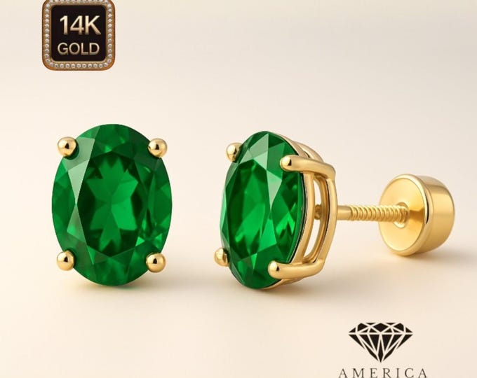 14K Gold Beautiful Lab Emerald Earrings Thin Basket earrings Baby Screw backing Sold 1 pair , Lab Emerald earrings stud.